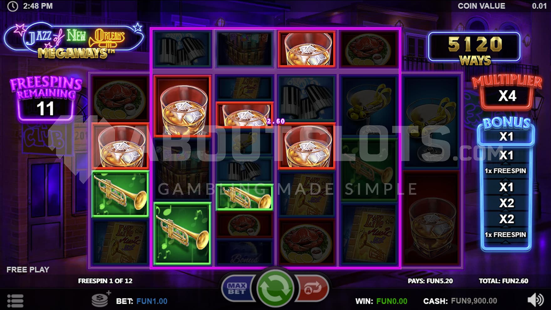 Free Spins bonus in progress with multiple wins achieved on the grid and a win multiplier progressed to x4.