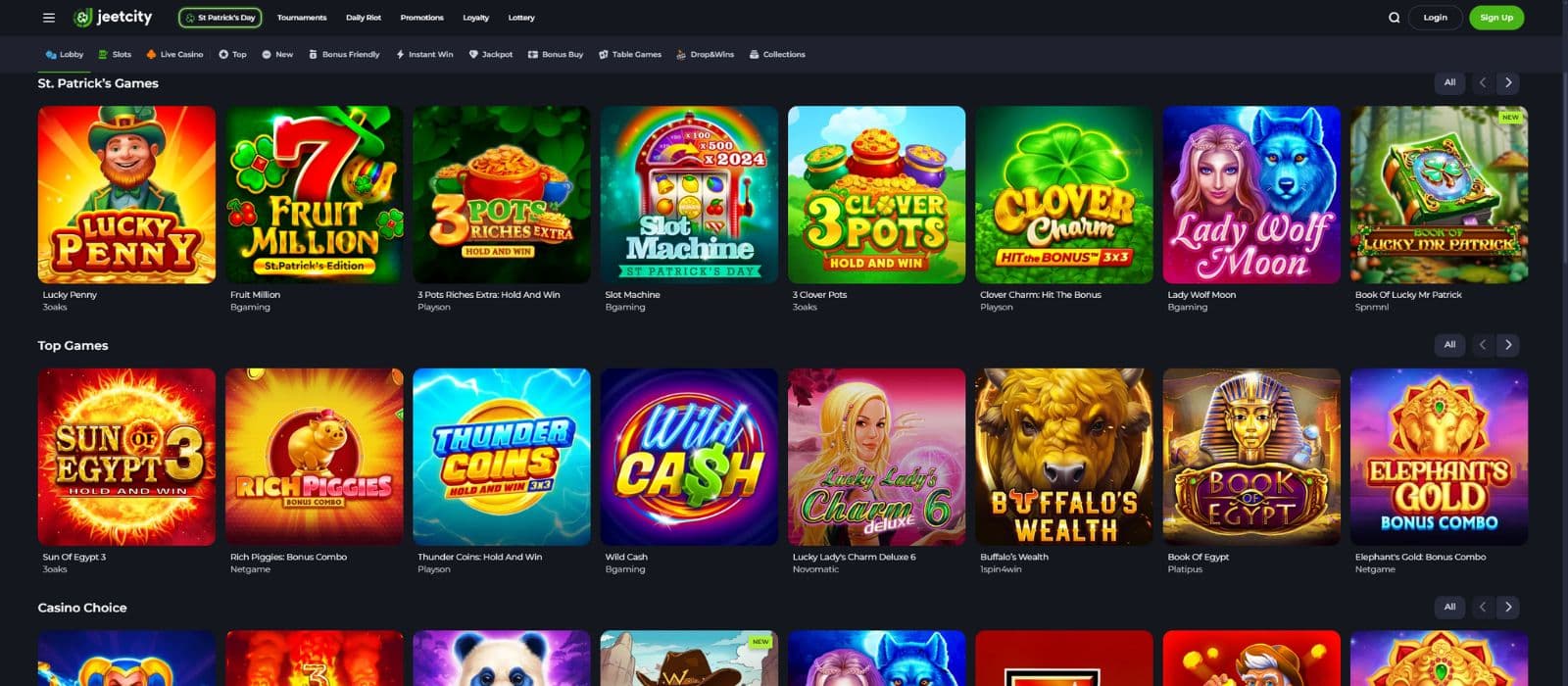 Jeetcity Casino games page showing a selection of the most popular slot games and the game categories on top
