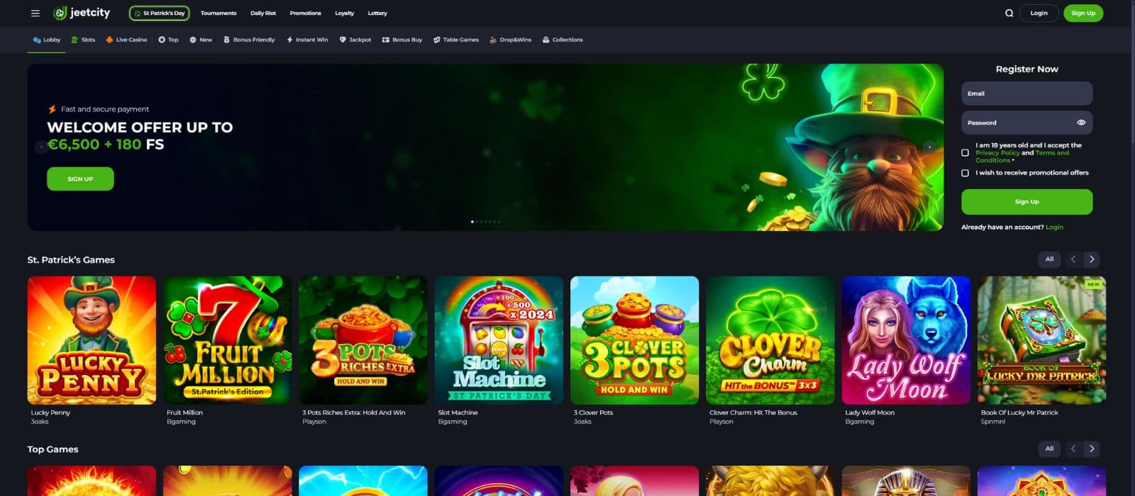 Jeetcity Casino landing page showing a selection of slot games, the welcome bonus offer and the game categories