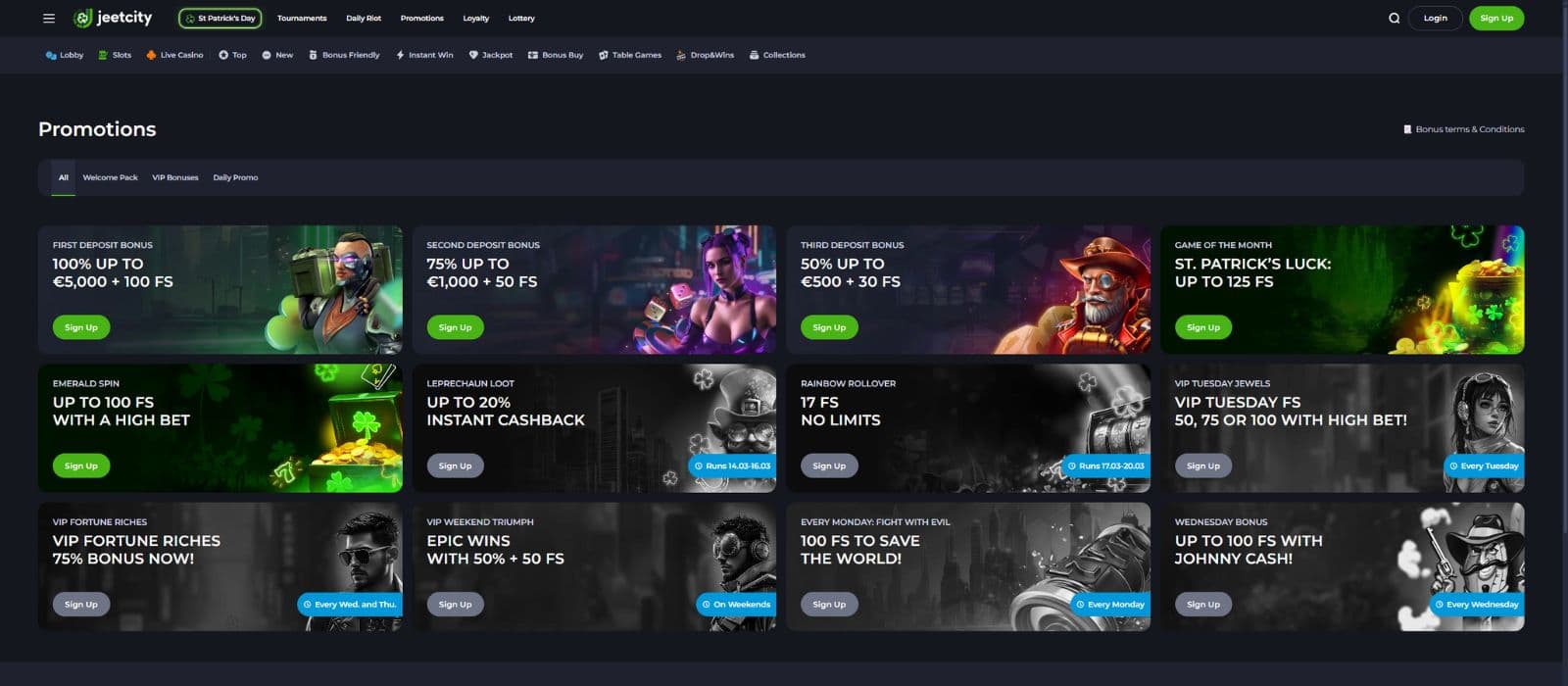 Jeetcity Casino promptions page showing the casino welcome bonus and the available promotions