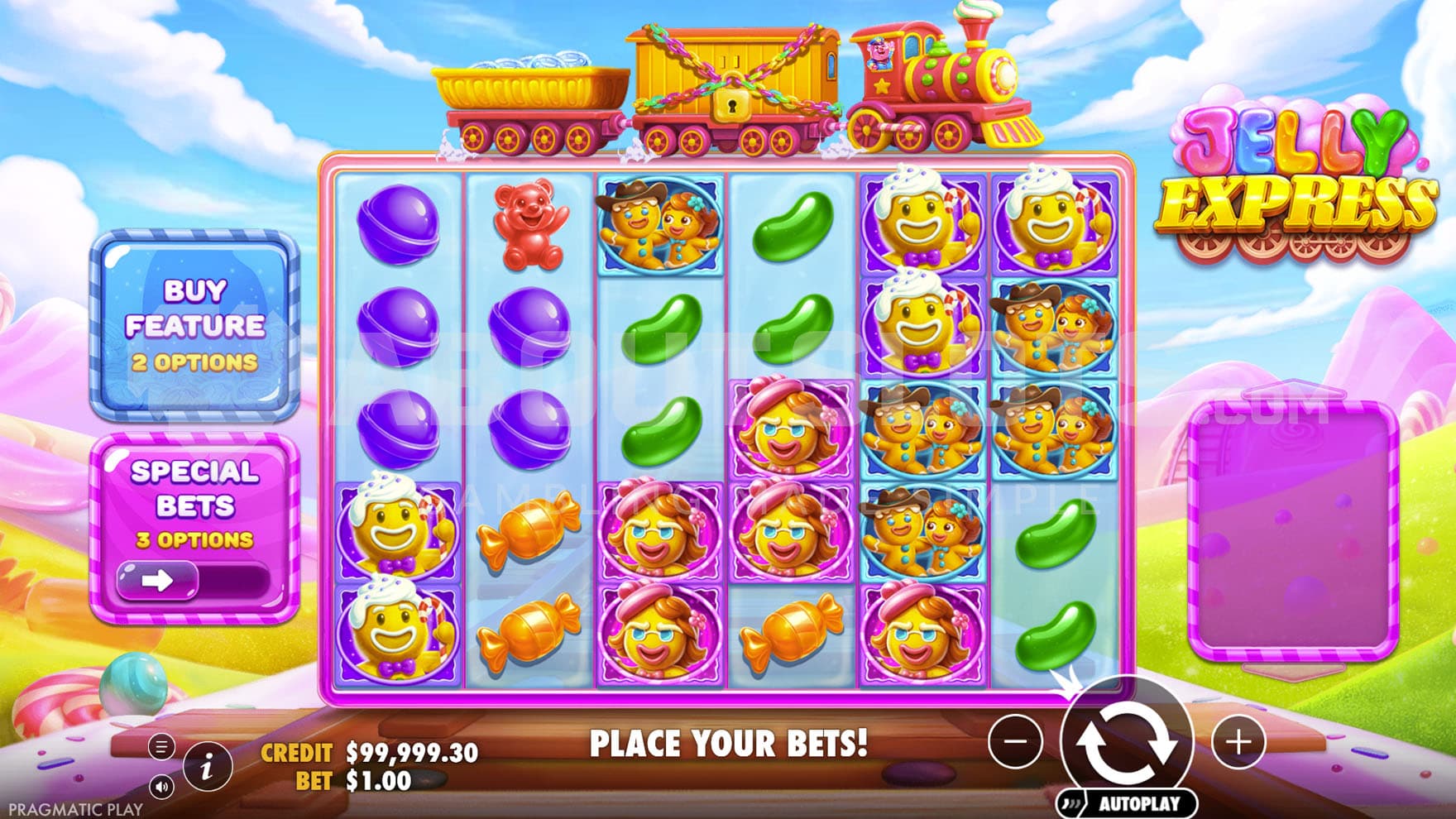 Screenshot of a base game in Jelly Express slot by Pragmatic Play, showing a 6x5 grid on a backdrop of a colourful candy land.