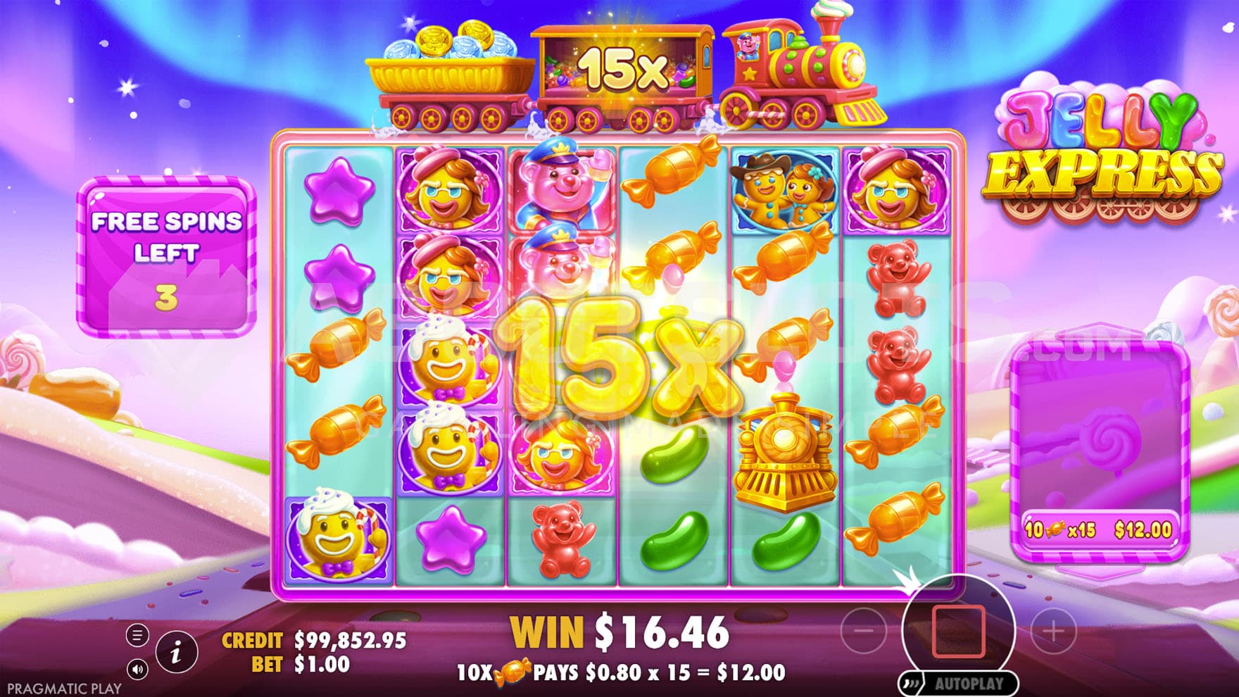 Screenshot of the Free Spins bonus in progress in the Jelly Express slot by Pragmatic Play, where a multiplier of x15 multiplies a win.