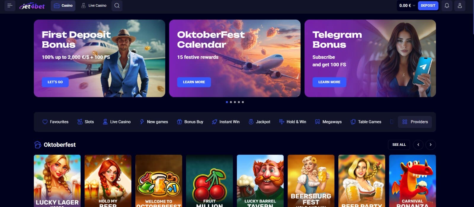 Jet4Bet casino's landing page showcases the bonuses and Oktoberfest themed games.