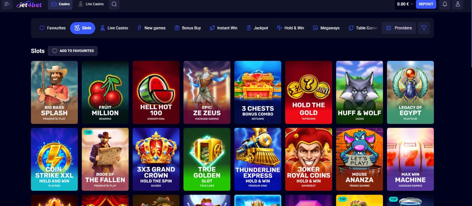 Jet4Bet casino's games page presents the slot games, such as Big Bass Splash, Fruit Million, and more.