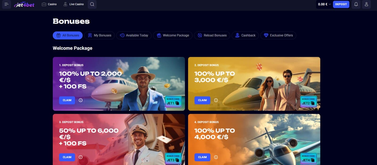 Jet4Bet casino's promotions page displays the welcome package across the first four deposits.