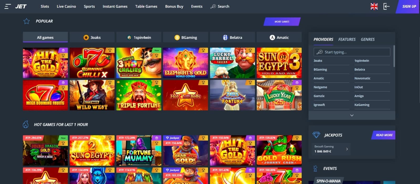 JetCasino game page featuring the most popular slots such as Sun Egypt 3 and Gold Rush
