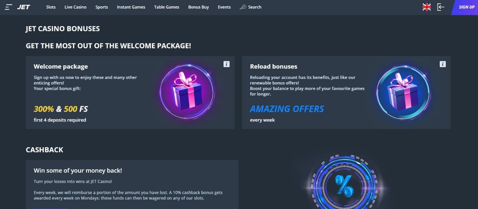 JetCasino promotions page featuring the welcome package, cashback and reload bonuses