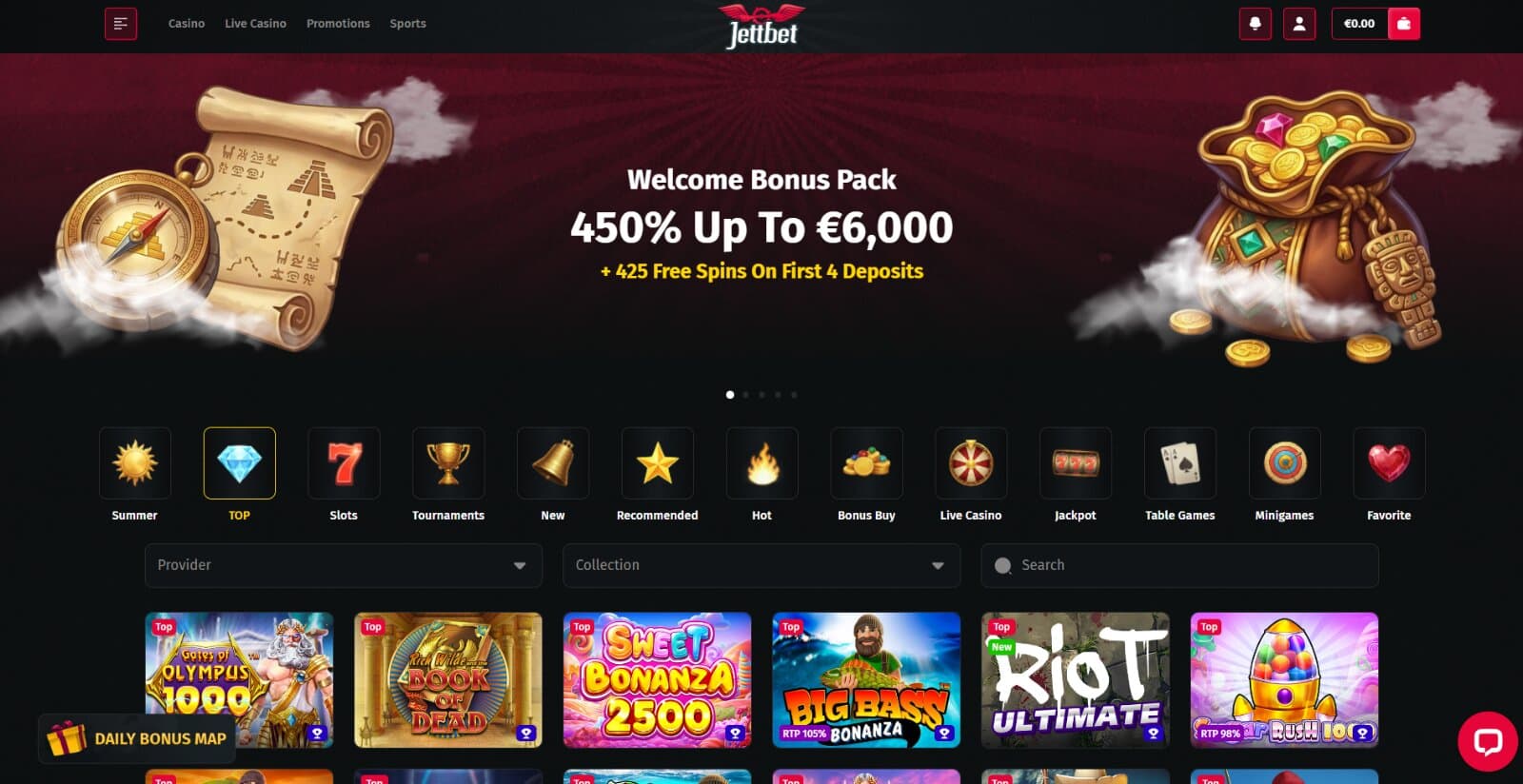 Jettbet Casino games page featuring the category menus, filters, above icons of slots, table games, and live games
