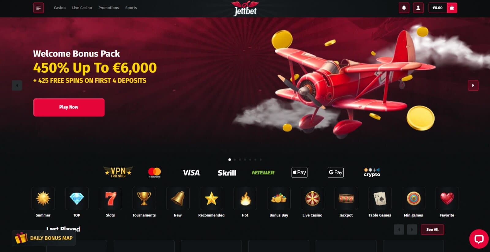 Jettbet Casino landing page featuring welcome bonus pack banner with red plane, payment options, and game category icons