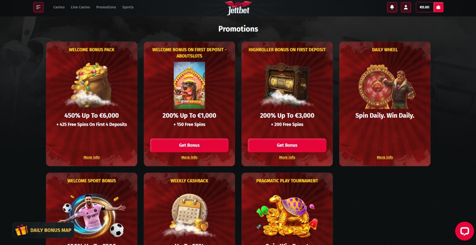 Jettbet Casino promotions page listing the welcome bonus options, daily wheel, weekly cashback, and slot network tournament