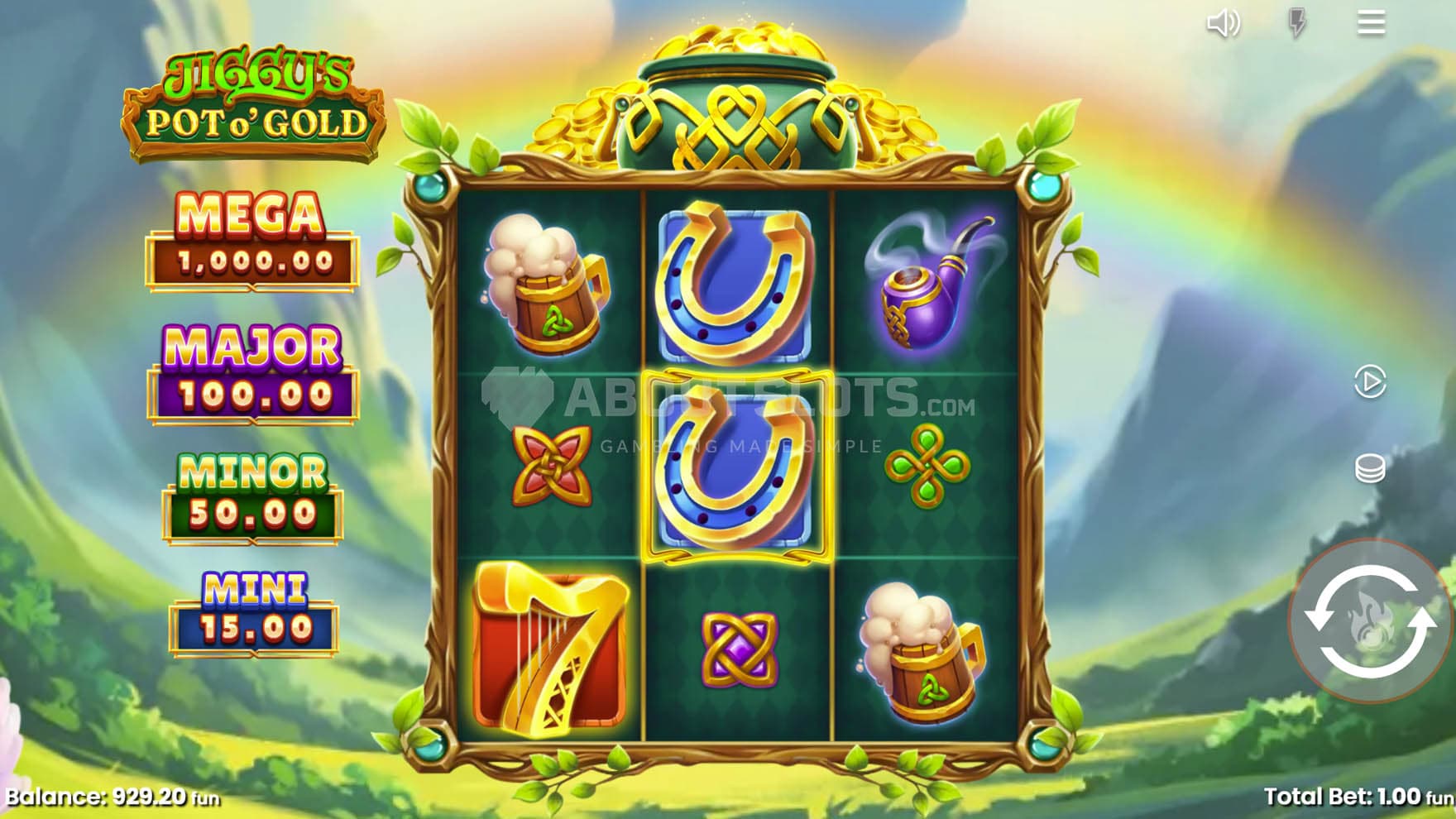 Screenshot of a base game, with a 3x3 grid set against a natural backdrop depicting a green valley.