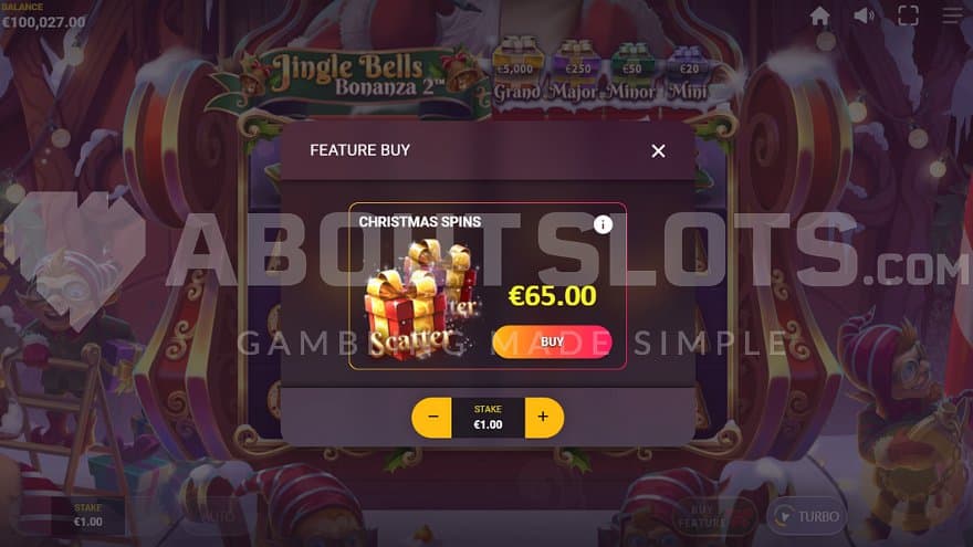 A screen offering the bonus game for 65x the bet.