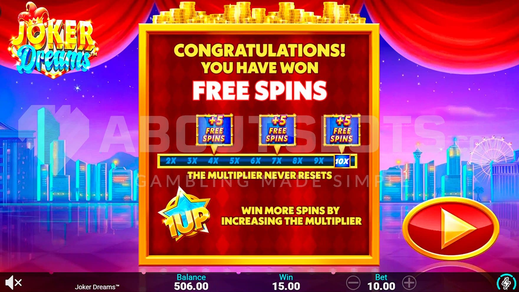 A welcome screen to the Free Spins.