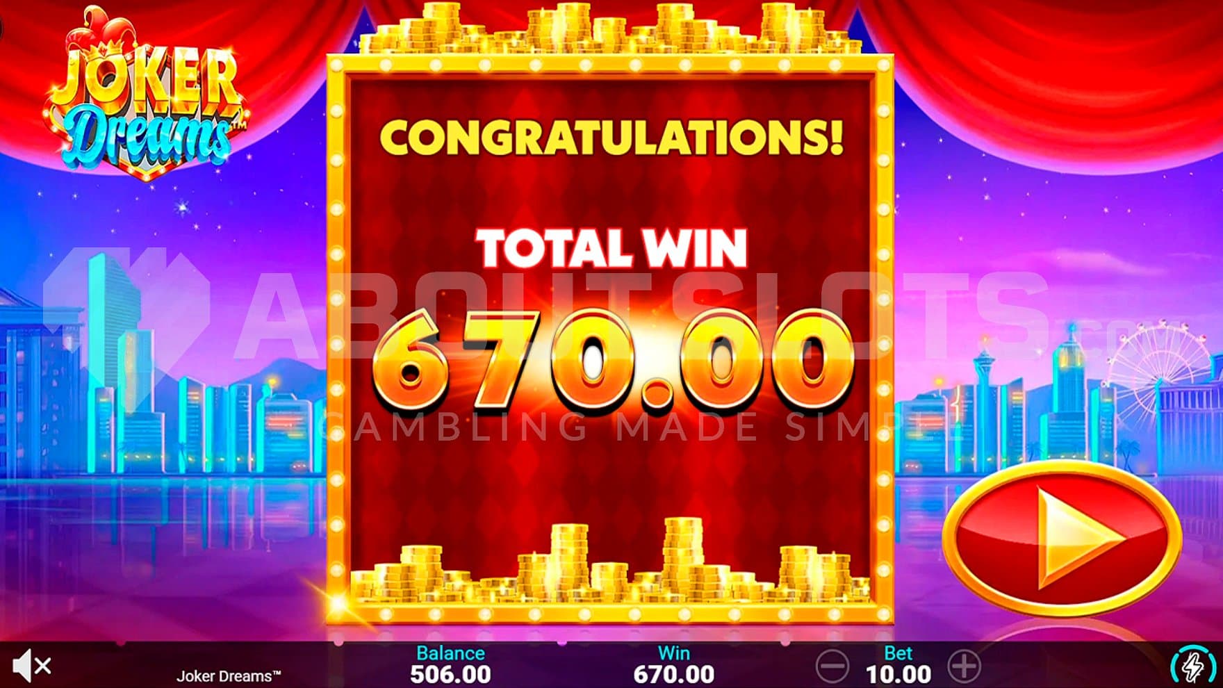 A screen congratulating to a 67x win.