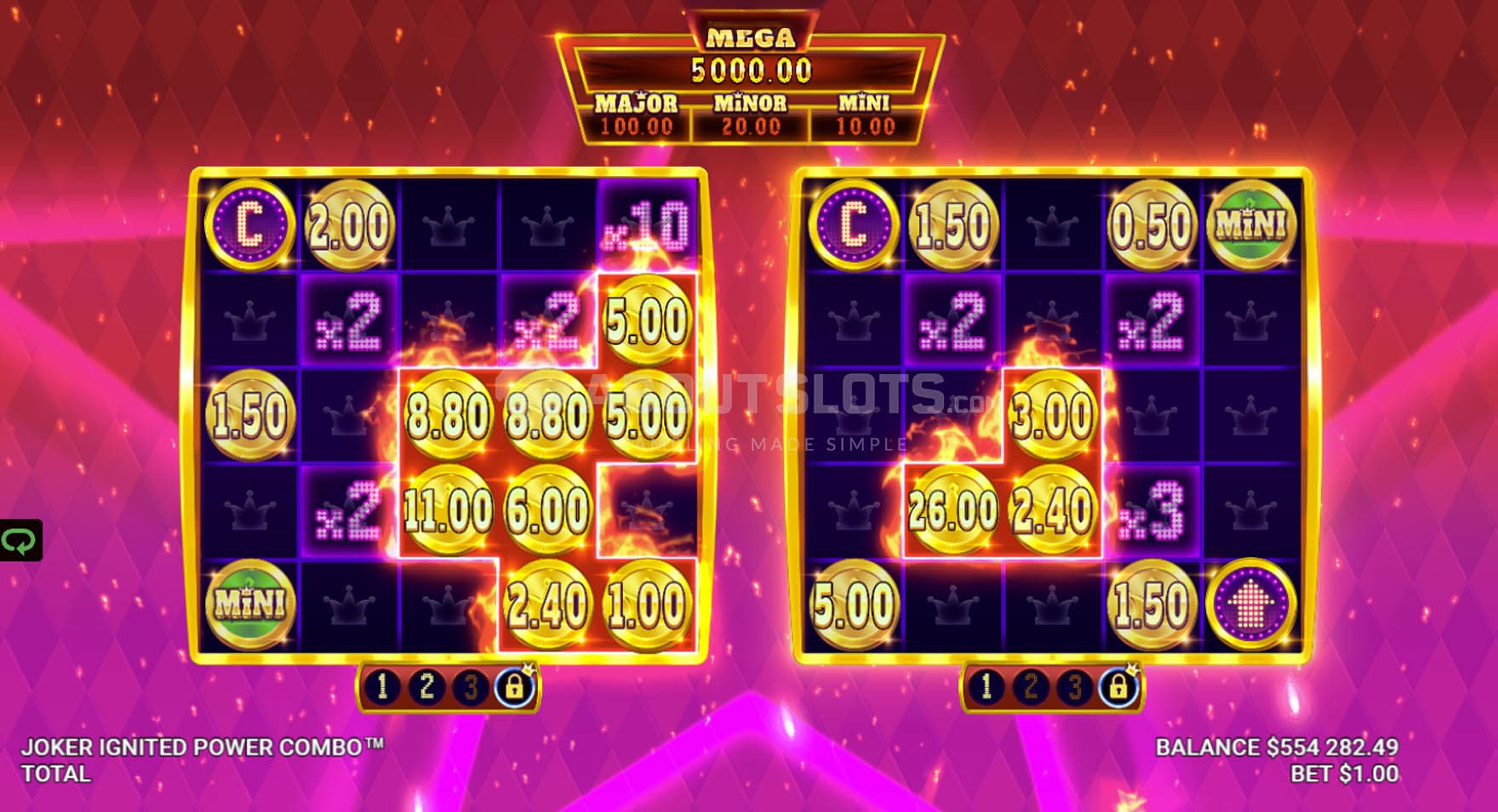 Screenshot of the Blazing Links feature in progress, with two grids lined with cash symbols.