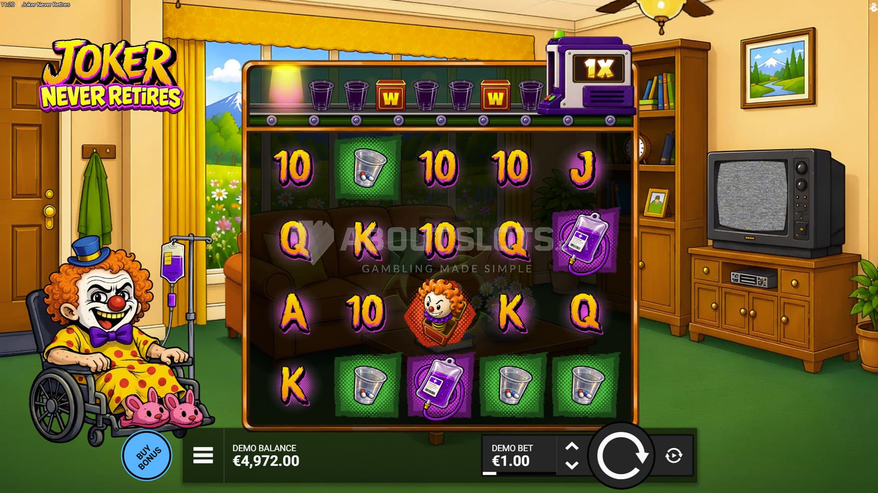 Screenshot of the base game, showing a 5x4 grid on a backdrop of a regular room with a Joker on a wheelchair on the left.
