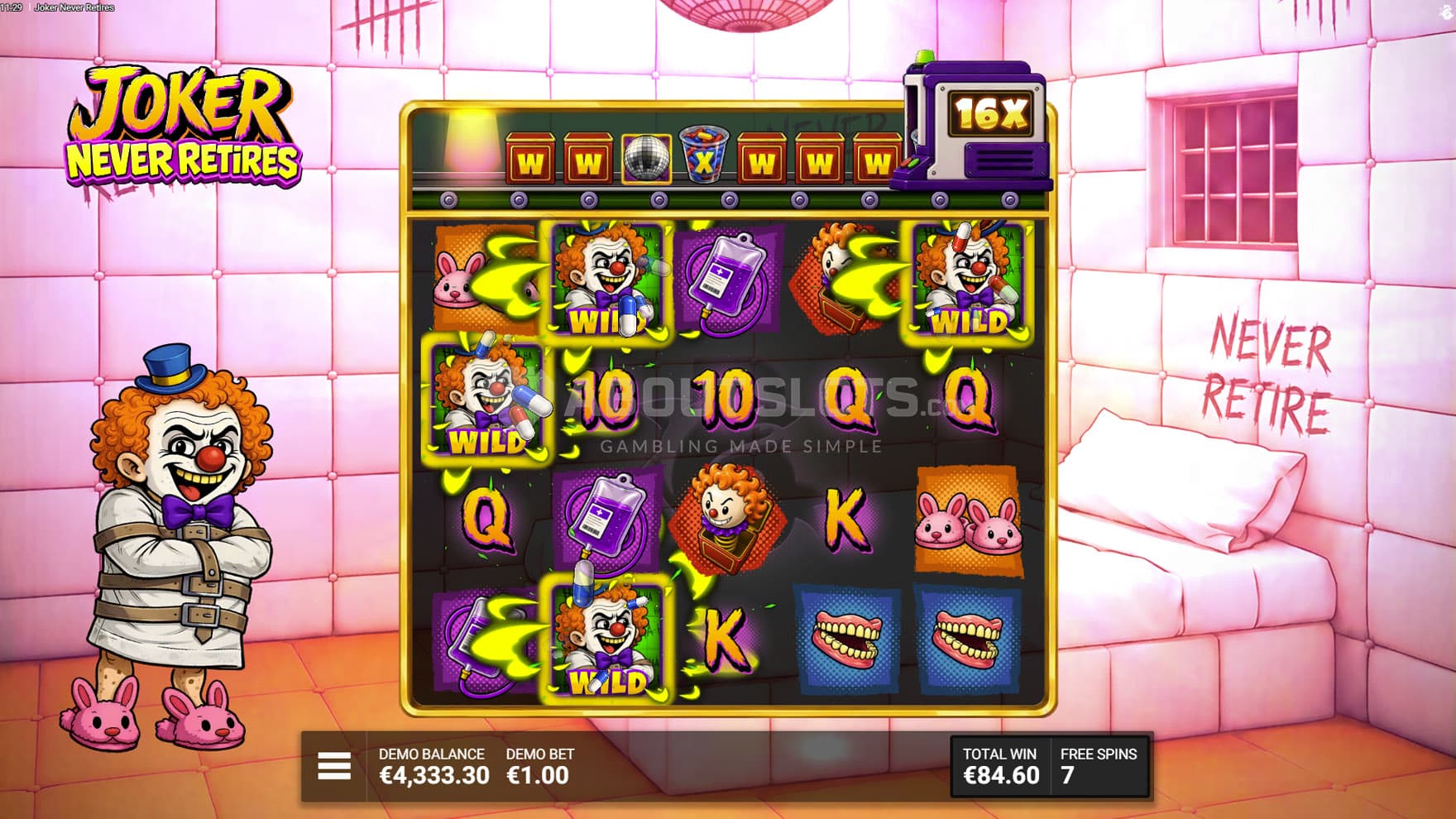 Screenshot of the Bonus Game in progress, showing Wilds added in random positions on the grid.