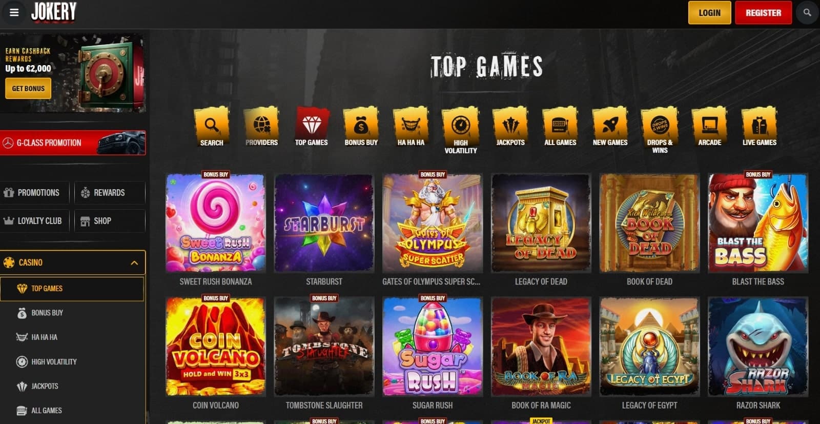 Jokery Casino's game library featuring the top games, such as slots and live games like Sweet Rush Bonanza, Legacy of Dead and many others