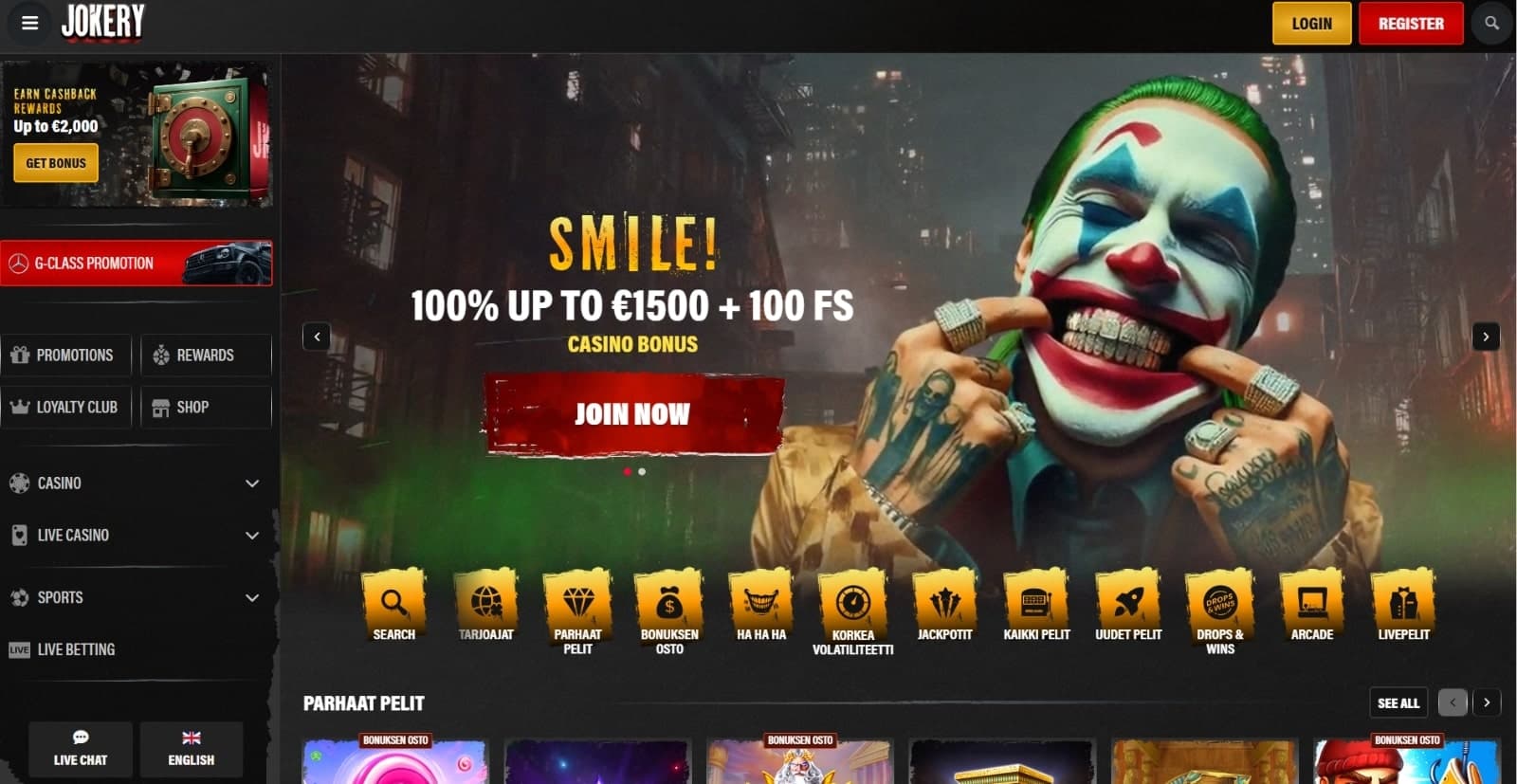 Jokery Casino's landing page with the 100% welcome bonus of 1500 eruos and 100 free spins presented by the Joker character
