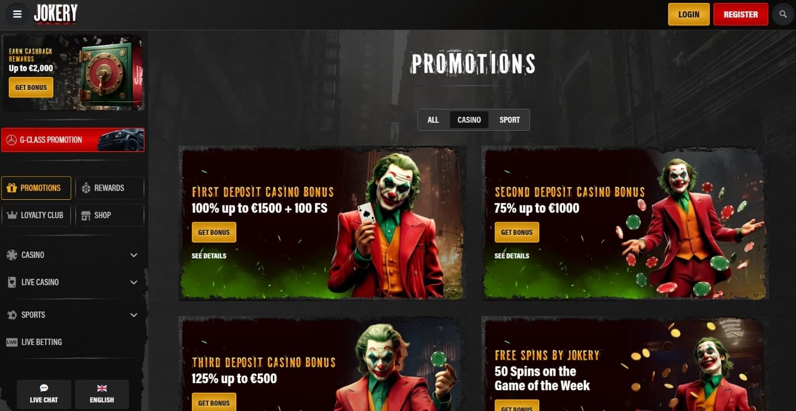 Jokery Casino and its promotional offers, including the multi-part welcome bonus, free spins, cashback and reload offers