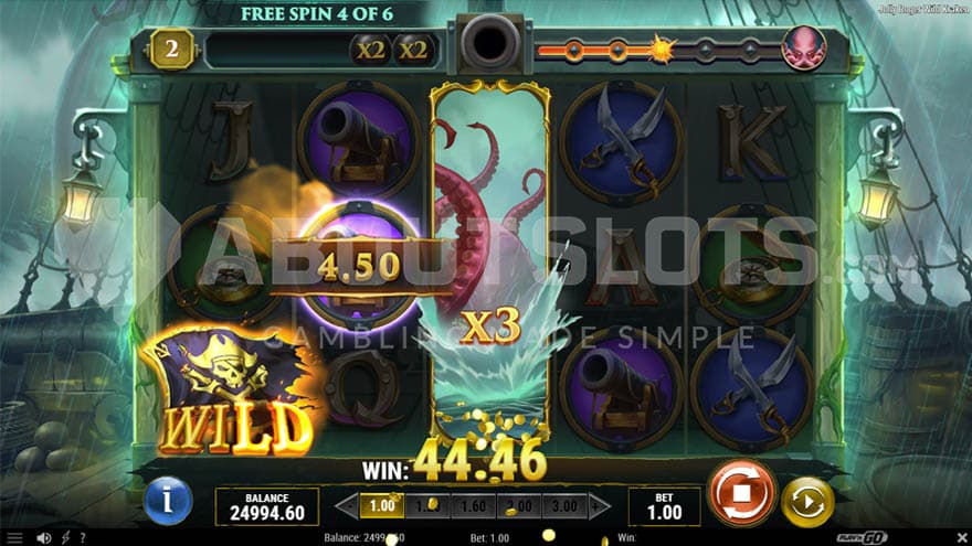 Free Spins round in progress with a Walking Wild with x3 multiplier and a win created on the first three reels.