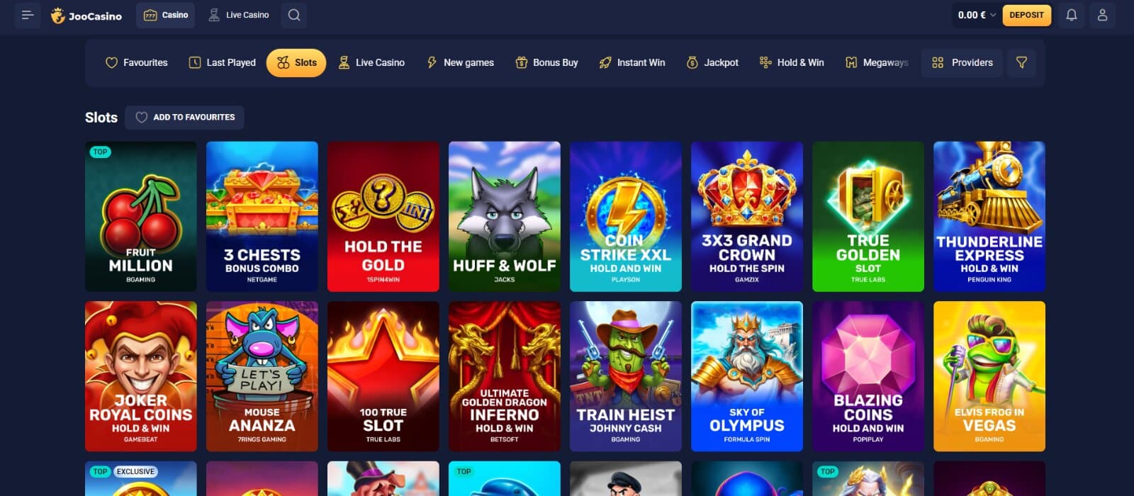 The games page of Joo Casino displays the slot games, including Fruit Million, 3 Chests Bonus Combo, and more.