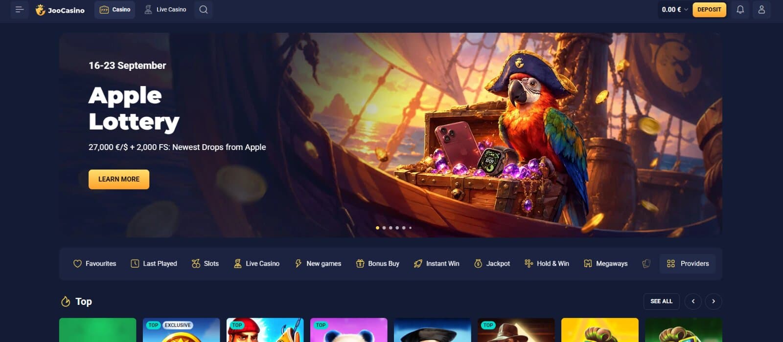 The landing page of Joo Casino showcases the Apple Lottery.