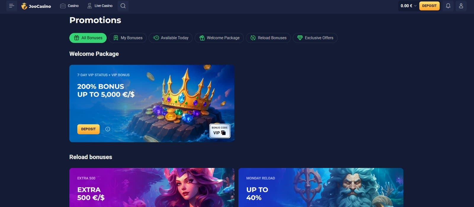 The promotions page of Joo Casino displays the welcome package and reload bonuses.