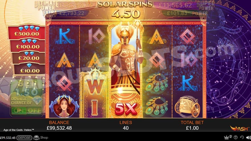 The Collect Symbol, depicted by Helios, covers all positions on the third reel.