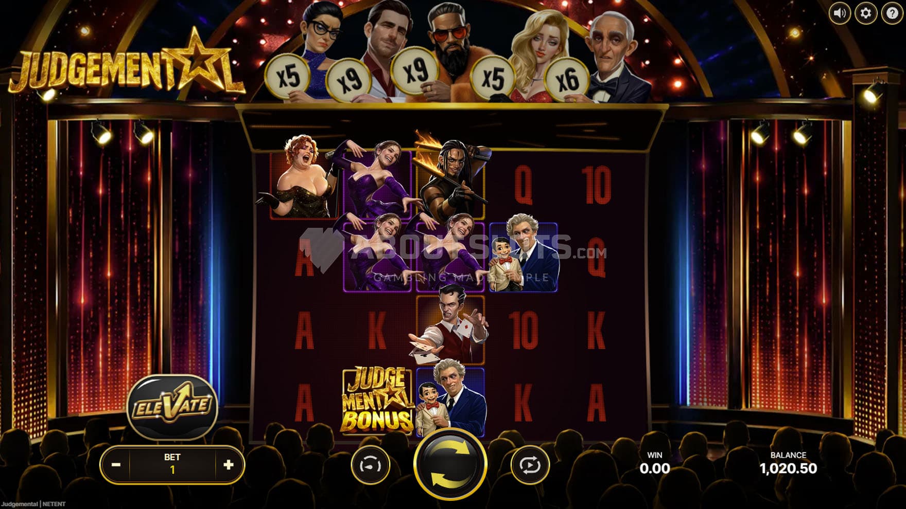 Screenshot of the base game, showing a 5x4 grid on a backdrop of a stage of a talent show.