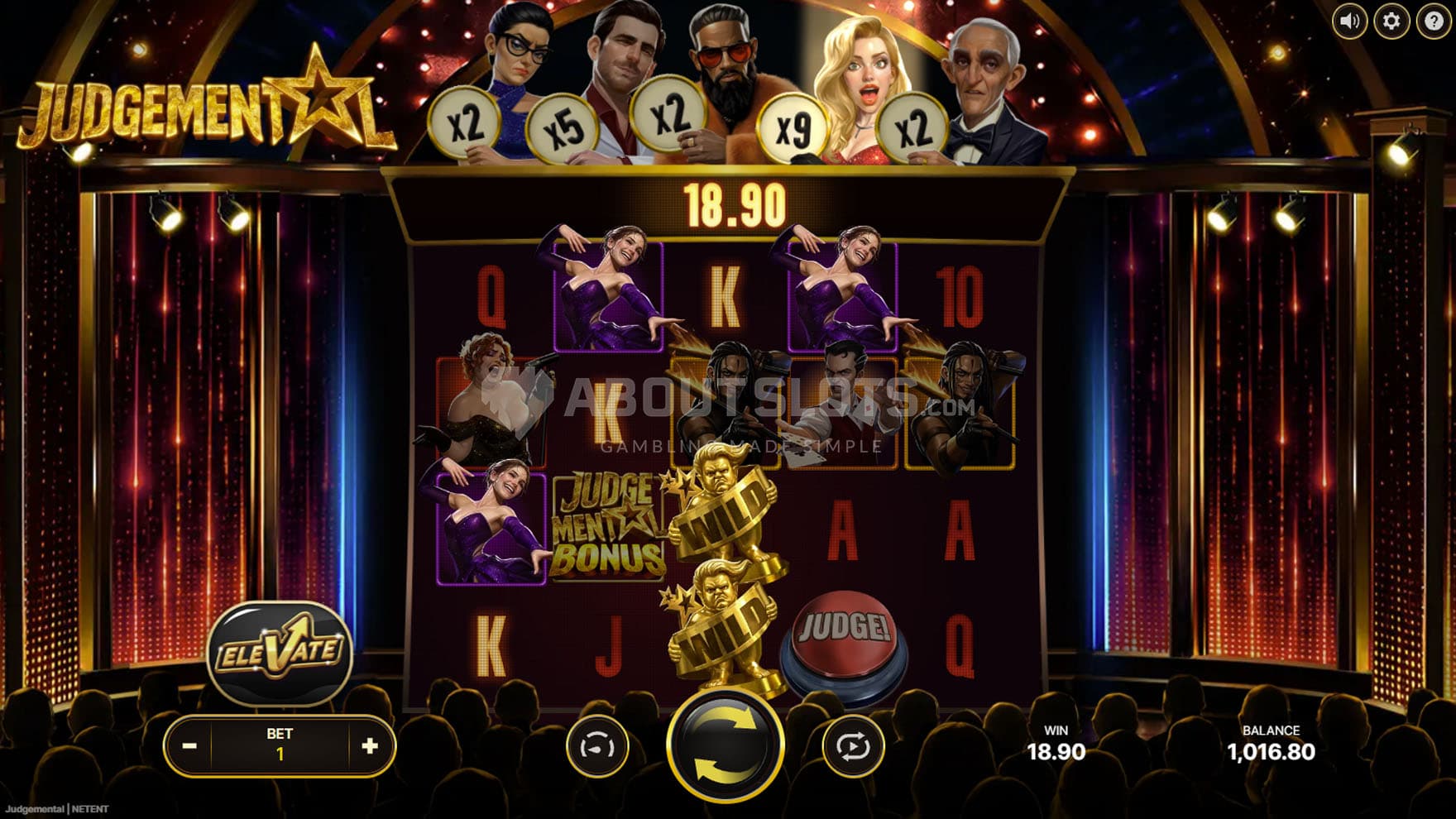 Screenshot of the Judges feature triggered in the base game on reel 4.