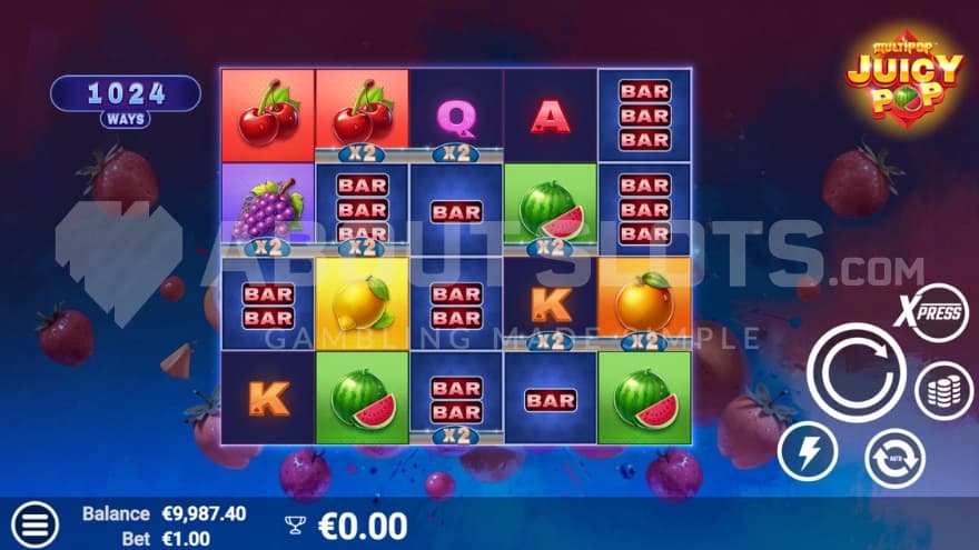 A screenshot of the basegame view with a fruity background