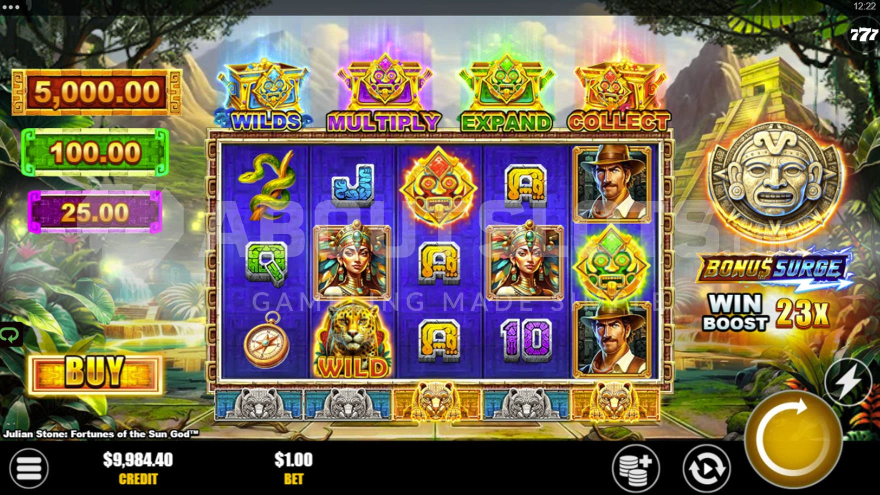 Base Game view of a 5x3 grid on a backdrop of a tropical landscape with an Aztec temple on the right.