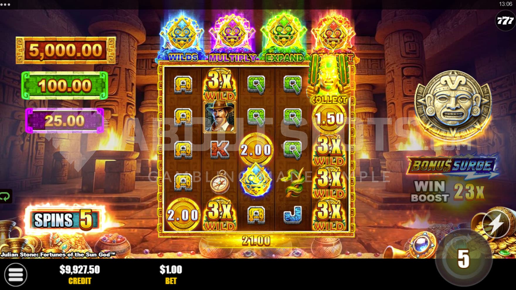Free Spins bonus in progress with all four upgrades activated and a Collect feature triggered.
