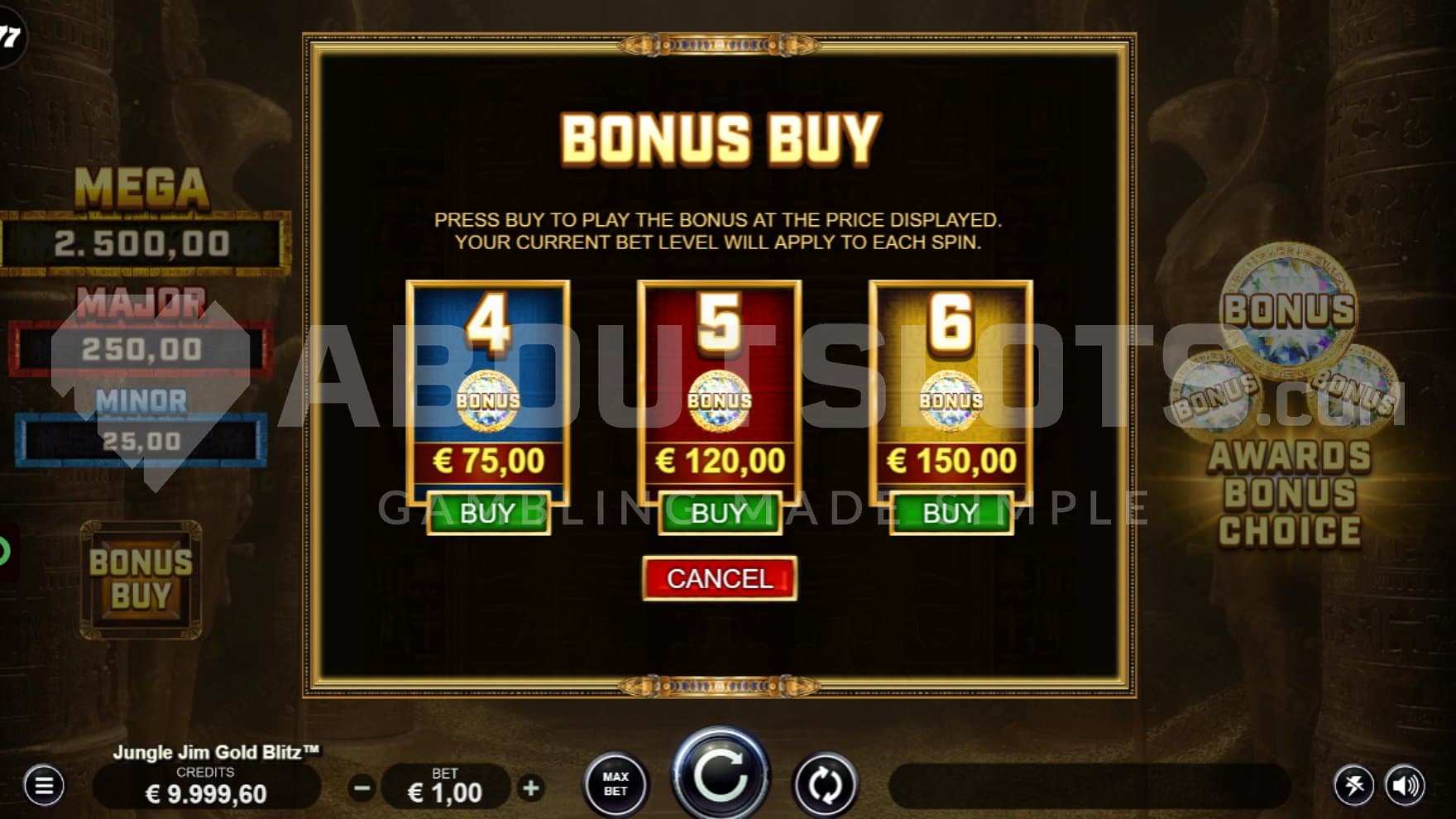 A menu offering the bonus games for 75x, 120x, and 150x the bet.