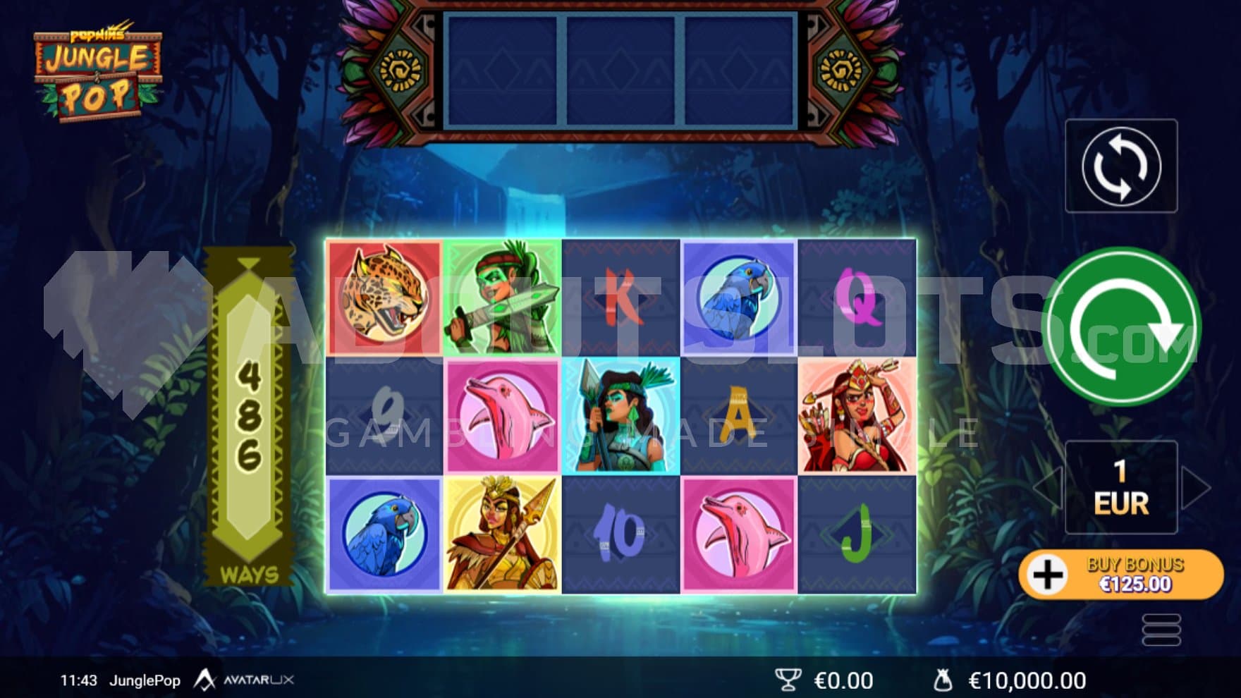 A casino slot with five reels in a jungle.