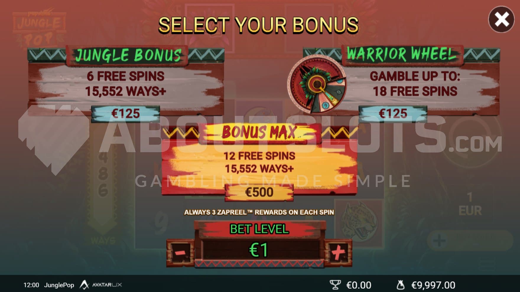A screen offering 6 Free Spins for 125x the bet, and 12 Free Spins for 500x the bet.