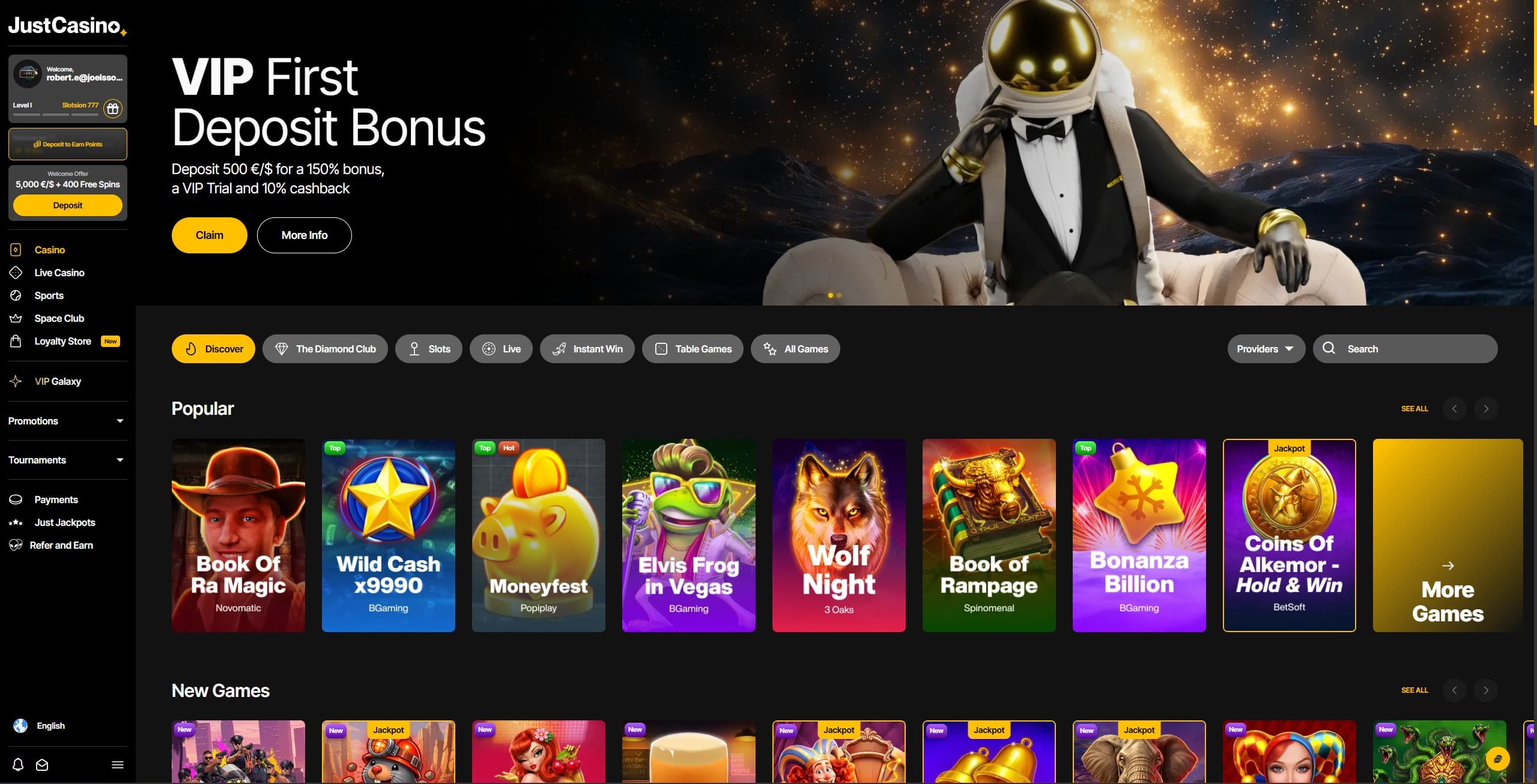 JustCasino Games Page showing a selection of games and the main menu