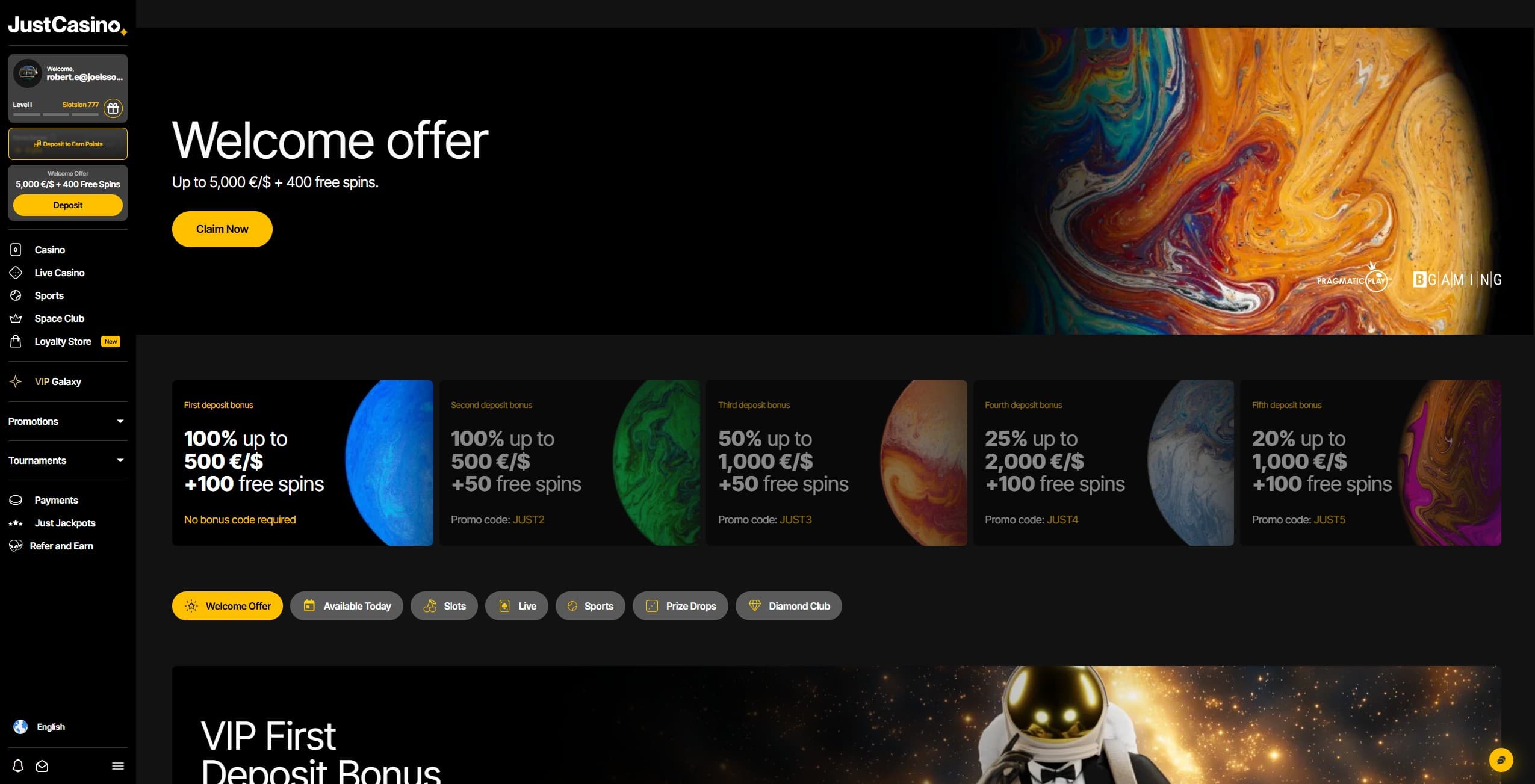 JustCasino Promtions Page showing the welcome bonus offers and VIP bonus