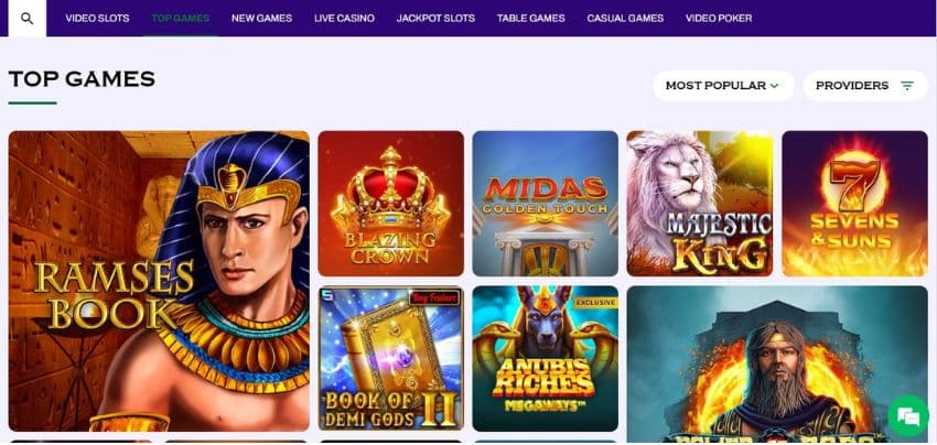 A page showing the top slots such as Ramses Book, Blazing Crown, Midas Golden Tocuh and others.