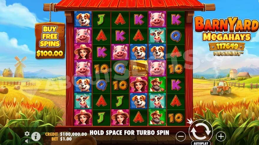 Base game with a farm in the background, showing things such as a tractor and a windmill.