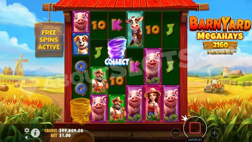 Free Spins activation with a collect symbol on the third reel.