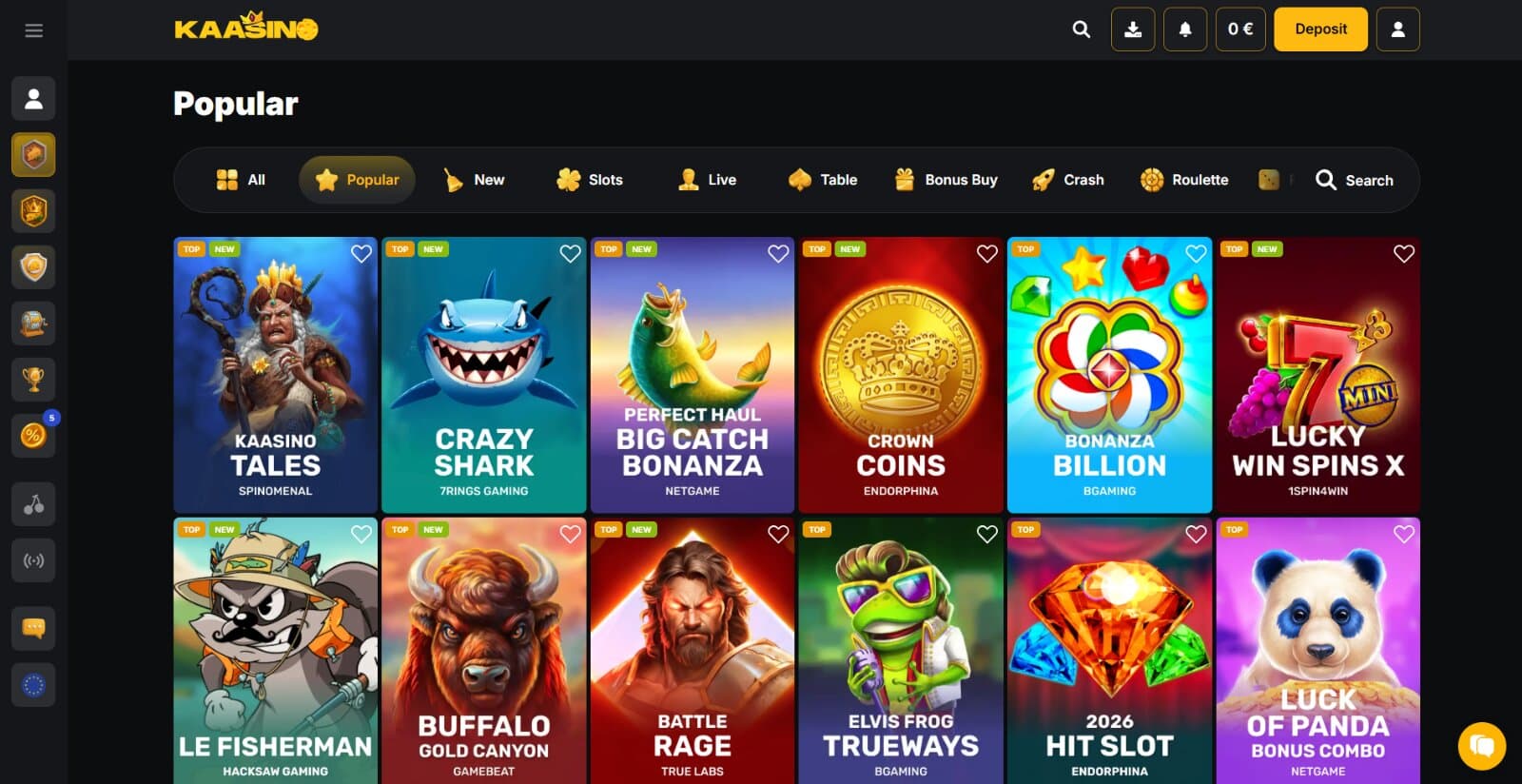 Kaasino Casino games page featuring the slots lobby with popular titles under game tab categories and search filters