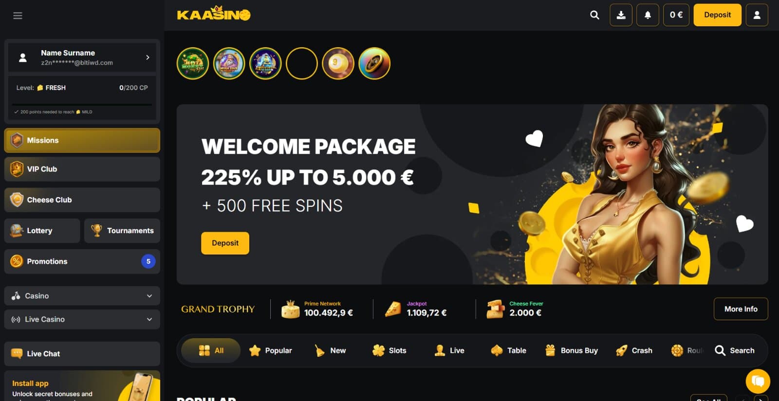 Kaasino Casino's landing page featuring the welcome bonus package of 225% up to 5000 eur, 500 free spins, 5% cashback, with promotional banner of woman in yellow, above cheese themed icons for jackpots, trophy wins, and other features