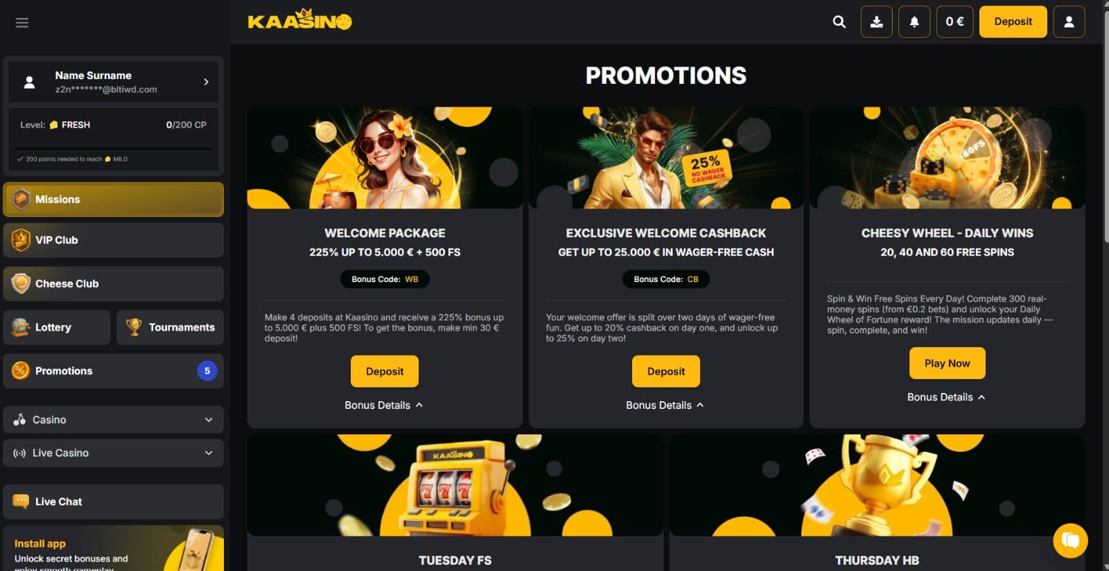 Kaasino Casino promotions page featuring the different welcome bonuses, no wager cashback bonuses, wheel free spins, and reload free spins offers with respective banners