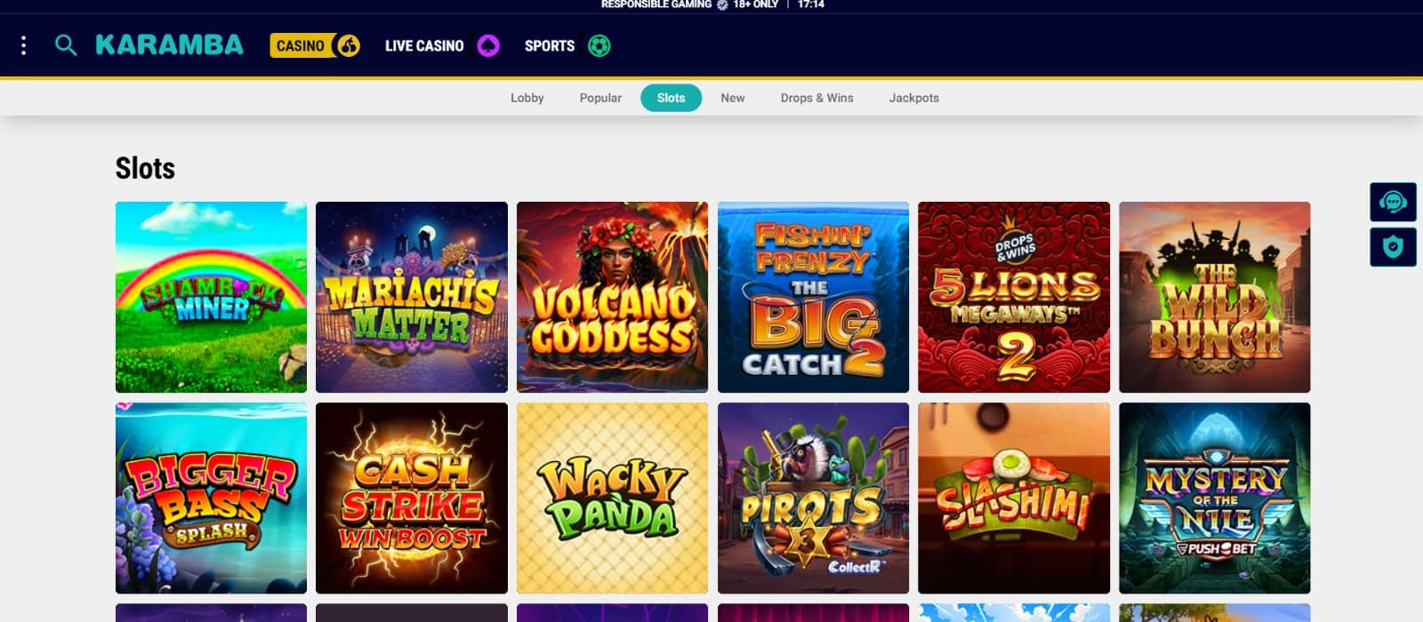 Karamba Casino games page with slot titles under category tabs