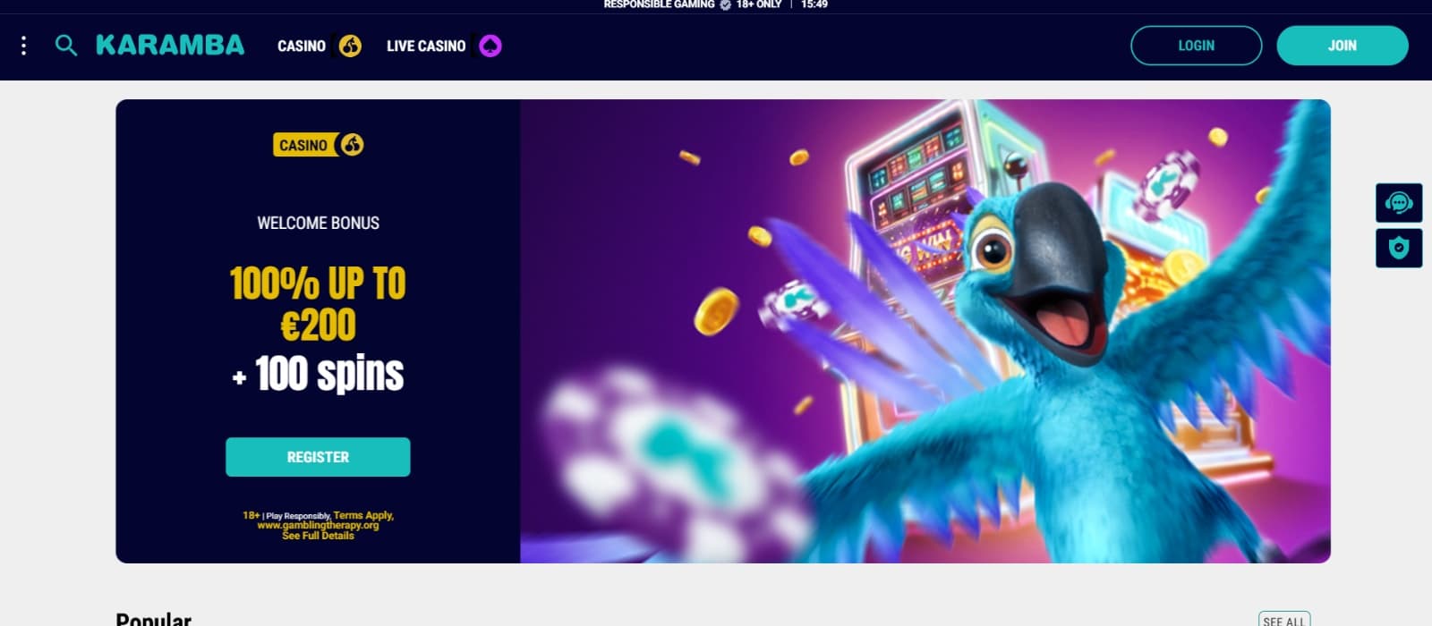 Karamba Casino landing page with sign up bonus on banner with Blue parrot and slot machine