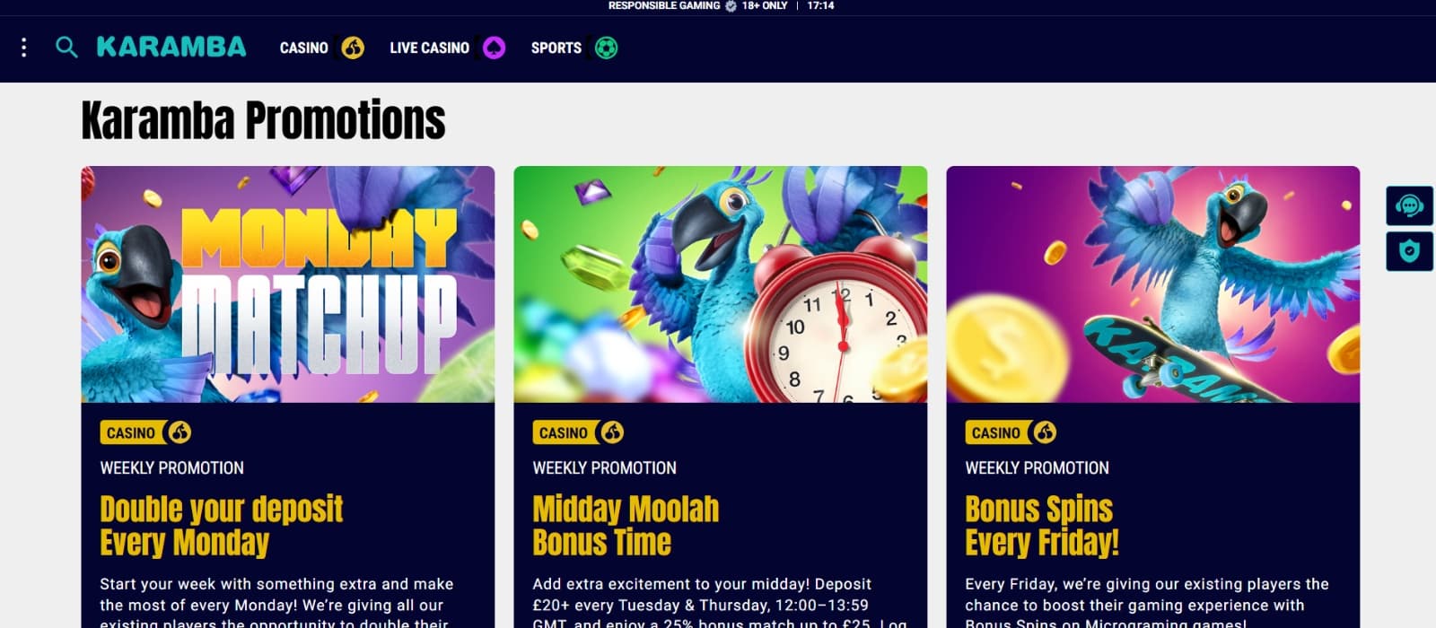 Karamba Casino promotions page with on-going bonuses