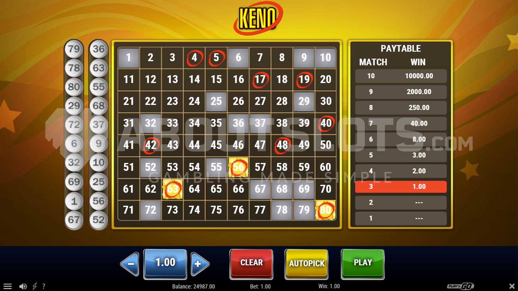 Base Game showing a 10x8 grid filled with numbers from 1 to 80 on an abstract yellow background.
