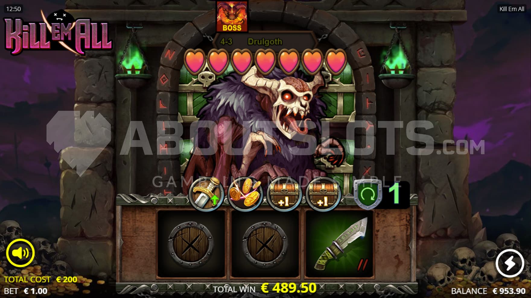 Dungeon Domination Spins bonus in progress, showing the second to last monster before the last boss and 4 persistent upgrades accumulated.
